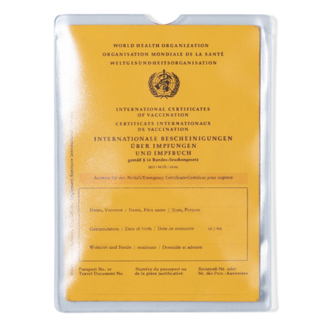 Internationales Impfzertifikat der Weltgesundheitsorganisation in gelber Farbe, mit Platz für persönliche Angaben und Impfdetails.