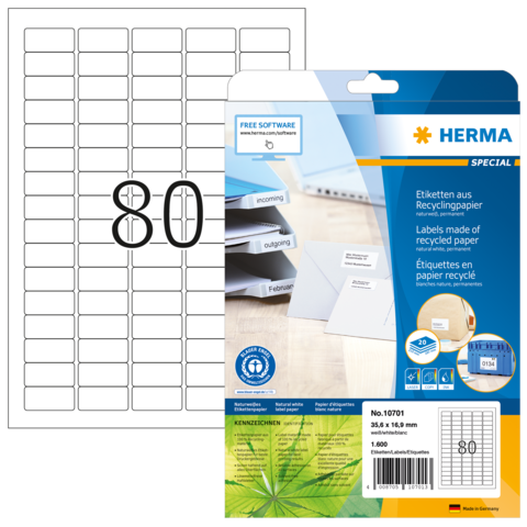 Etikettenblatt mit 80 leeren Etiketten, verpackt in einer durchsichtigen Hülle. Hersteller: HERMA, aus Recyclingpapier.