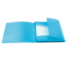 Blauer Ordner mit einer offenen Klappe und einem weißen Blatt Papier im Inneren.