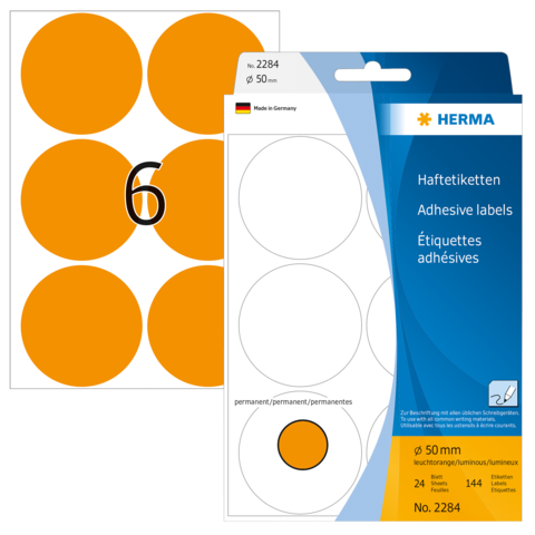 Orangefarbene Haftetiketten in einer Verpackung mit 24 Stück, Durchmesser 50 mm, von der Marke HERMA.