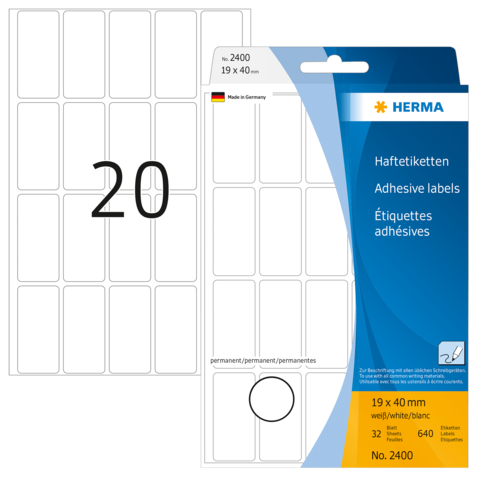 Haftetiketten auf einer Verpackung, 19 x 40 mm, 32 Stück, mit der Nummer 2400 und der Aufschrift "Made in Germany".