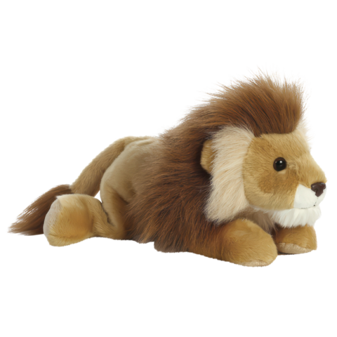 Plüschlöwe mit braunem Fell und einer Mähne, in einer liegenden Position dargestellt.