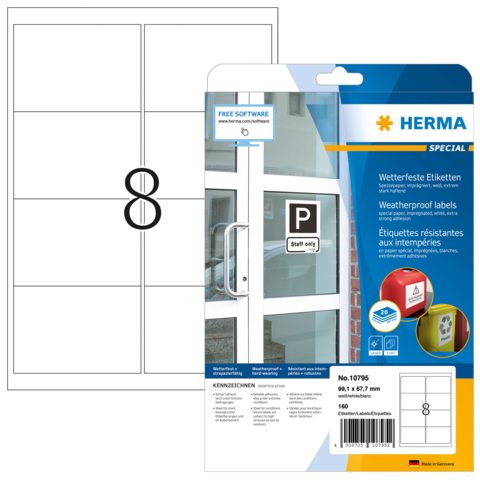 Wetterfeste Etiketten von Herma, Packung mit 160 Etiketten, geeignet für verschiedene Anwendungen, inklusive Softwarehinweis.