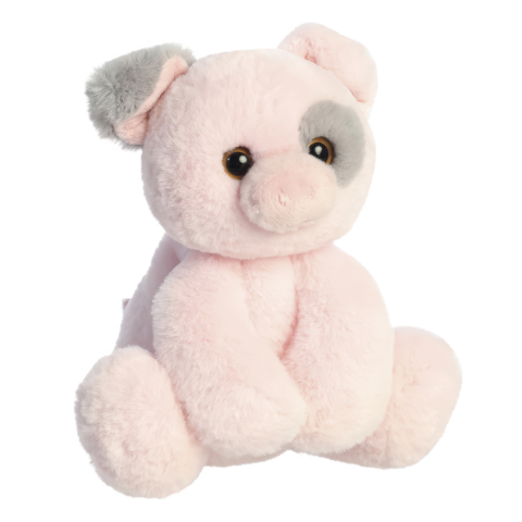 Kuscheliges, rosa Stoffschwein mit grauen Ohren und großen Augen, sitzt aufrecht.