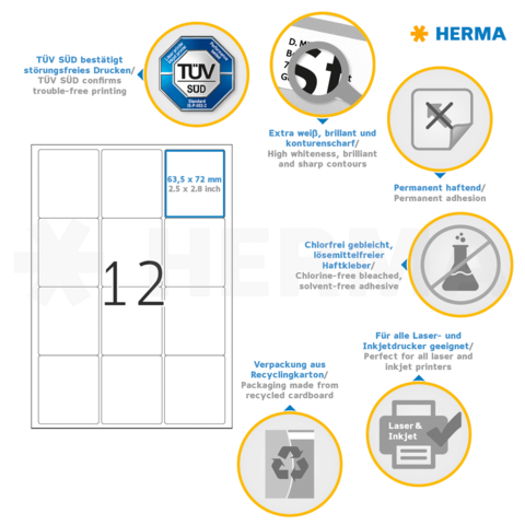 Selbstklebende Etiketten mit den Maßen 63,5 x 72 mm, geeignet für Laser- und Inkjetdrucker, umweltfreundlich verpackt.