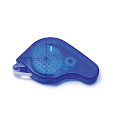 Korrekturroller in blauer Farbe, mit einer abgerundeten Form und einem Spendermechanismus für das Korrekturband.