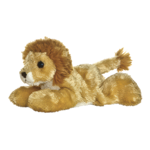 Plüschlöwe, liegend mit braunem Fell und einer kleinen Mähne, zeigt ein freundliches Gesicht und einen kurzen Schwanz.