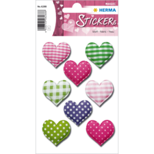 Bunte Stoffherz-Sticker in verschiedenen Farben und Mustern, angeordnet auf einer Verpackung. Ideal für Bastelprojekte.