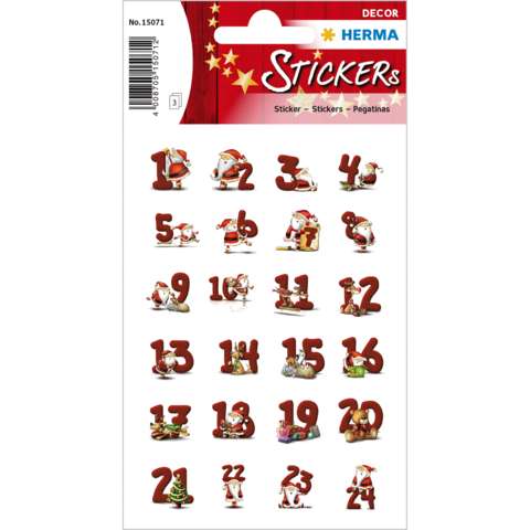 Aufkleber mit Zahlen von 1 bis 24, verziert mit weihnachtlichen Motiven wie Santa Claus und Geschenken.