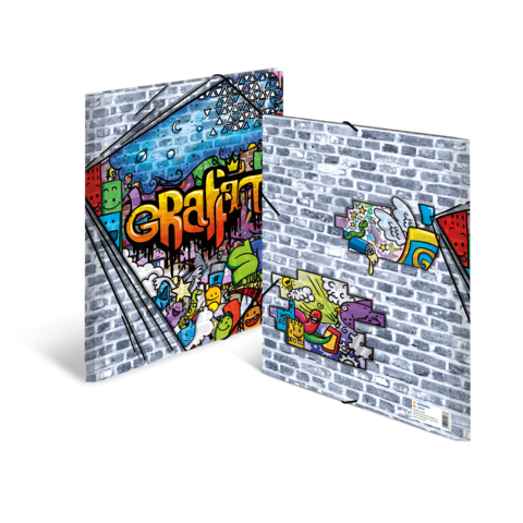 Graffiti-Design auf einem Ordner mit bunten, künstlerischen Motiven und einer Backsteinmauer als Hintergrund.