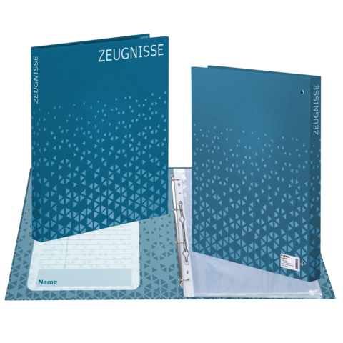 Ein blauer Ordner mit dem Titel 'ZEUGNISSE', der geöffnet ist und eine durchsichtige Hülle für Dokumente zeigt.