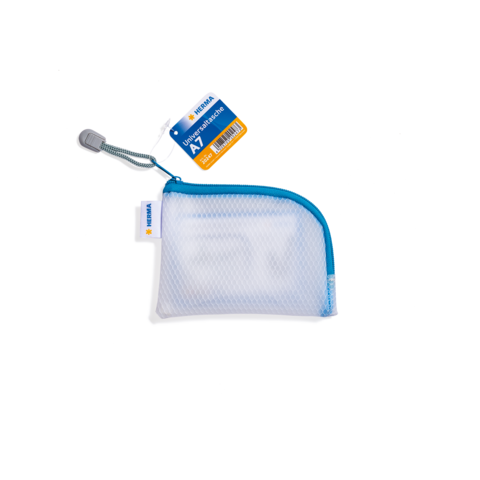 Kleine, transparente Tasche mit blauer Umrandung und Reißverschluss, geeignet für Aufbewahrung oder Transport von Kleinigkeiten.