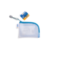 Kleine, transparente Tasche mit blauer Umrandung und Reißverschluss, geeignet für Aufbewahrung oder Transport von Kleinigkeiten.