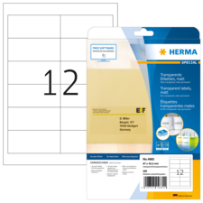Transparentetiketten auf einer Verpackung, mit der Nummer 12 und Informationen zu Software und Hersteller.