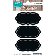Schwarze Tafelsprüche-Sticker in drei dekorativen Formen, ideal zum Beschriften und Dekorieren von Oberflächen.