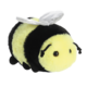 Plüschbiene mit gelbem und schwarzem Fell, großen Augen und einem silbernen Flügel. Ideal als Spielzeug oder Dekoration.