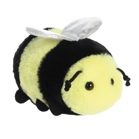 Plüschbiene mit gelbem und schwarzem Fell, großen Augen und einem silbernen Flügel. Ideal als Spielzeug oder Dekoration.