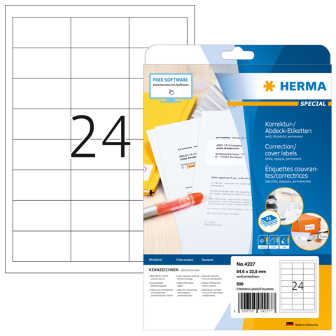 Korrektur- und Abdecketiketten von Herma, Packungsinhalt und Beispielblatt mit 24 Etiketten.