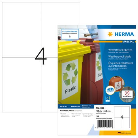 Wetterfeste Etiketten von HERMA, geeignet für verschiedene Oberflächen, mit Symbolen für Plastik- und Glasbehälter.