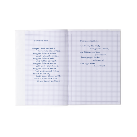 Zwei offene Seiten eines Notizbuchs mit handgeschriebenen Texten, darunter Gedichte und eine Beschreibung eines Spiels.