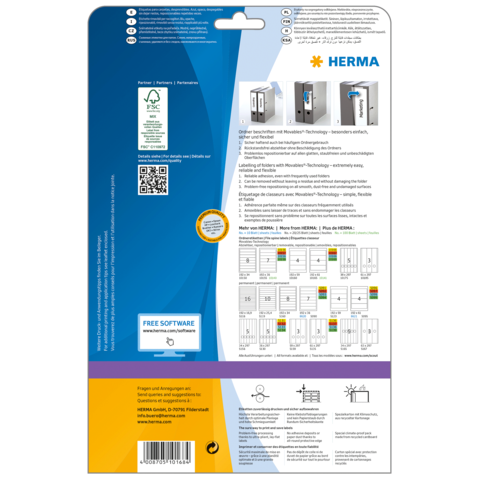 Rückseite einer Verpackung mit Informationen zu HERMA-Produkten, einschließlich QR-Code und Hinweisen zur Software.