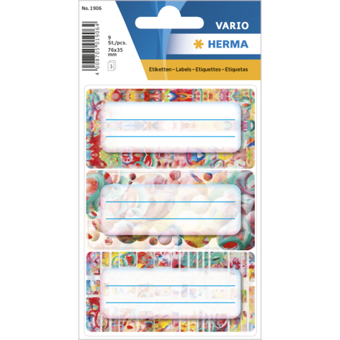 Bunte Etiketten auf einer Verpackung, mit Platz für Beschriftungen. Enthält mehrere Etiketten in verschiedenen Designs.