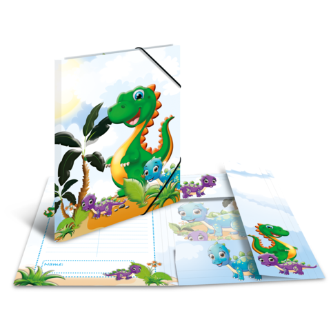 Bunt gestaltetes Notizbuch mit einem grünen Dinosaurier und zwei kleinen, farbigen Dinosauriern auf dem Cover und Innenseiten.