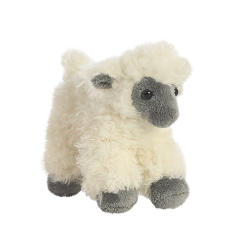 Plüschschaf mit weichem, weißem Fell und grauen Details, steht aufrecht und hat einen runden Kopf mit großen Augen.