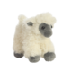 Plüschschaf mit weichem, weißem Fell und grauen Details, steht aufrecht und hat einen runden Kopf mit großen Augen.