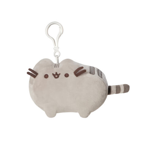 Kuscheliger Schlüsselanhänger in Form einer Katze mit grauem Fell und Streifen, ausgestattet mit einem Karabinerhaken.