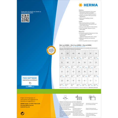 HERMA Produktübersicht mit Informationen zu Etiketten, Software und einem QR-Code. Enthält einen Kalender und Kontaktinformationen.