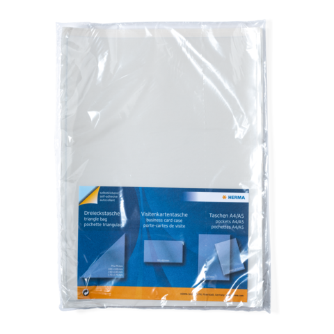 Transparente Visitenkartentasche in Verpackung, geeignet für A4/A5 Formate, mit Hinweis auf die Marke Herma.
