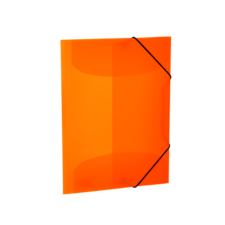 Oranger Ordner mit elastischen Bändern, der geschlossen ist und eine glatte, glänzende Oberfläche aufweist.