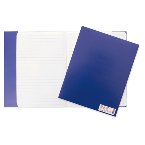 Ein blauer Ordner mit linierten Seiten und einer zusätzlichen blauen Klarsichthülle auf der rechten Seite.