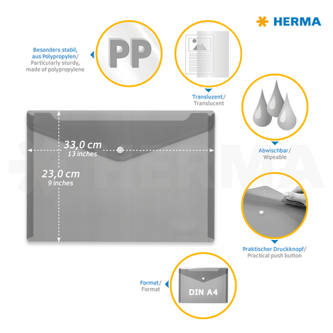 Transparente A4-Hülle aus Polypropylen, abwischbar, mit praktischem Druckknopf und den Maßen 33 cm x 23 cm.
