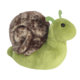 Grüne Plüschschnecke mit braunem, spiraligem Rücken und zwei Fühlern.
