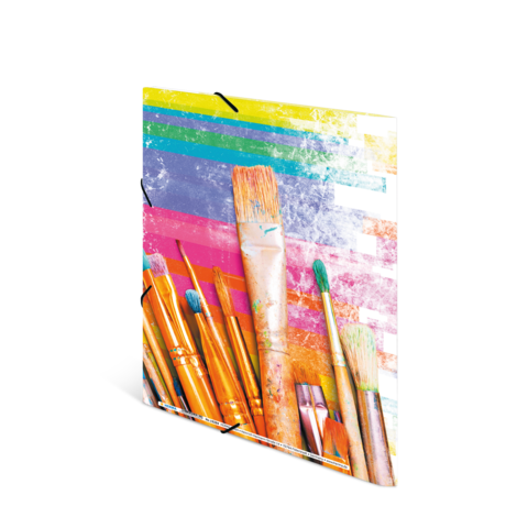 Bunte Pinsel in verschiedenen Größen, angeordnet vor einem farbenfrohen Hintergrund mit Streifen in verschiedenen Farben.