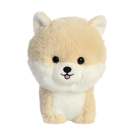 Plüschhund in Form eines Shiba Inu mit einem runden Kopf, großen Augen und einem freundlichen Ausdruck.