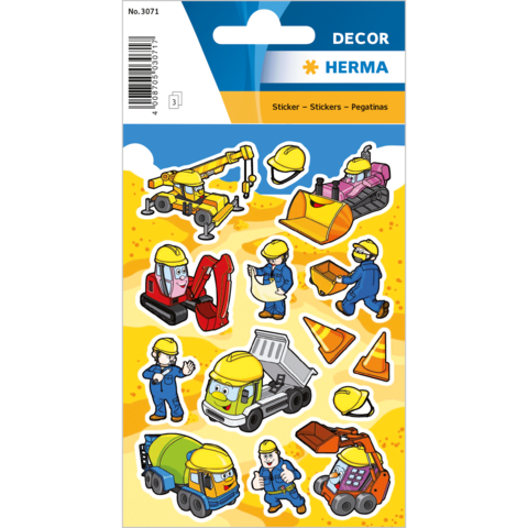 Bunte Aufkleber mit Baufahrzeugen und Bauarbeitern in verschiedenen Posen, alle tragen Sicherheitshelme.