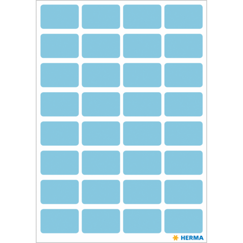 Blaue Etiketten auf einem weißen Blatt, angeordnet in einem Raster mit mehreren Reihen und Spalten.