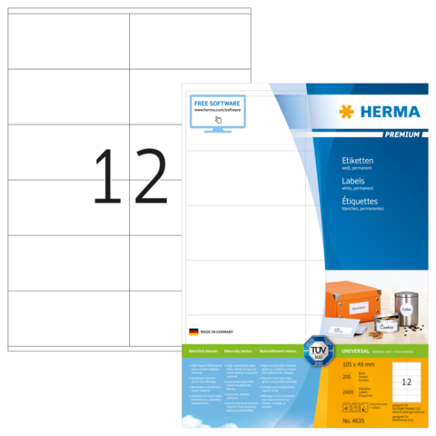 Etikettenblatt mit 12 leeren Feldern, Marke Herma, Maße 105 x 48 mm, inklusive Informationen zu Software und Anwendung.