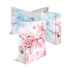 Ordner mit einem Design aus blühenden Kirschblüten und Schmetterlingen auf einem hellblauen Hintergrund.