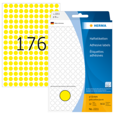 Gelbe Haftetiketten mit 8 mm Durchmesser, 32 Stück pro Packung, verpackt in einer blauen und weißen Verpackung.