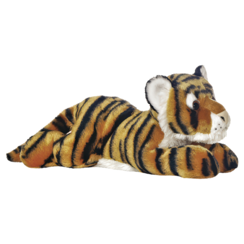 Plüsch-Tiger in liegender Position mit gestreiftem Fell und aufmerksamen Augen.