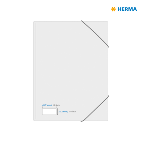 Ein transparenter Ordner mit zwei Gummibändern, der Maße von 45,7 mm x 71,2 mm aufweist. Markenlogo "HERMA" oben rechts.