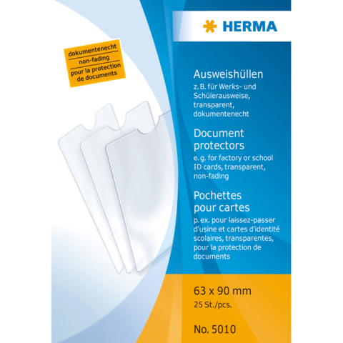 Dokumentenschutzhüllen von HERMA, transparent, 63 x 90 mm, 25 Stück, geeignet für Ausweise und Dokumente.