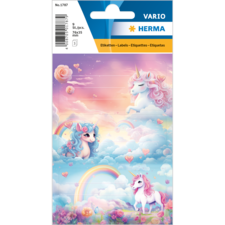 Bunte Etiketten mit Einhörnern, einem Pony und Wolken, umgeben von Herzen und einem Regenbogen. Ideal für kreative Projekte.