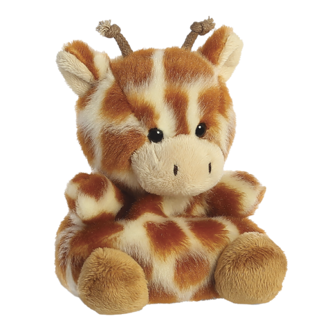 Plüschgiraffe mit braunen Flecken, großen Augen und einem freundlichen Gesicht, sitzt aufrecht mit kleinen Ohren und Hörnern.