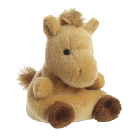 Ein kuscheliges, braunes Plüschpferd mit einer weichen Textur und einem freundlichen Gesichtsausdruck sitzt aufrecht.