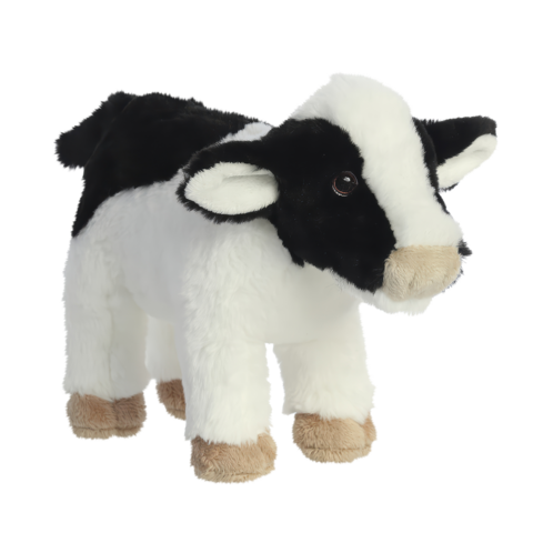 Plüschkuh mit schwarz-weißer Fellzeichnung und braunen Füßen, steht aufrecht und hat große, runde Augen.